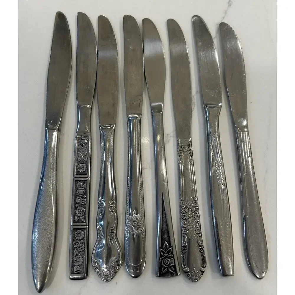 Vtg Mixed Lot of 8 Dinner Knives‎ 9” MCM Mismatched Stainless Floral Patterns